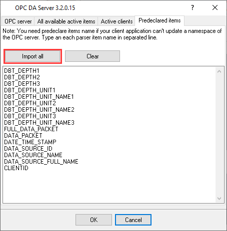OPC server. Predeclared items