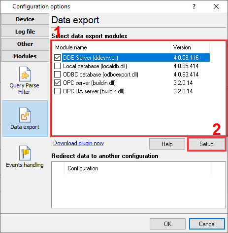 Selecting the DDE server export plugin